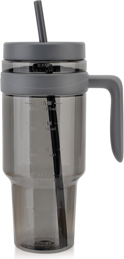 50 oz Tritan Plastic Tumbler with Lid and Straw | Leak-Proof BPA-Free Clear Tumbler with Time Marker | Reusable Travel Mug for Camping, Sports, Office, Road Trips, Parties | Wide Mouth