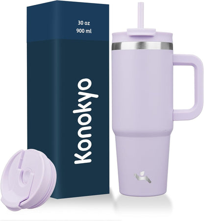 Konokyo 30 oz Tumbler with Handle and 2 Straws,2 in 1 Lid Insulated Water Bottle Stainless Steel Travel Coffee Mug,Sky