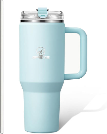 Gpeng 30/40/50 oz Tumbler with Handle, Water Bottles with Straw Lid, Insulated Stainless Steel Travel Mug Cup Holder Friendly, Keep Drinks Cold or Hot for Hours (LightGrey, 50 oz)