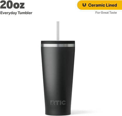 RTIC 20oz Everyday Tumbler Insulated Stainless Steel Portable Travel Coffee Cup with Straw, Ceramic Lining, Spill-Resistant Lid, BPA-Free, Hot and Cold Drink, Beach