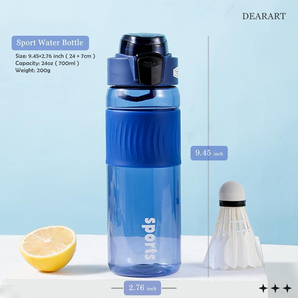 DEARART 24oz Water Bottles with Buckle, 100% Leakproof Anti Slip Silicone Bottle, No Straw Clear Bottle Easy Clean, Suit Sport Office School Travel Gym Yoga for Women Men, Dark Cyan