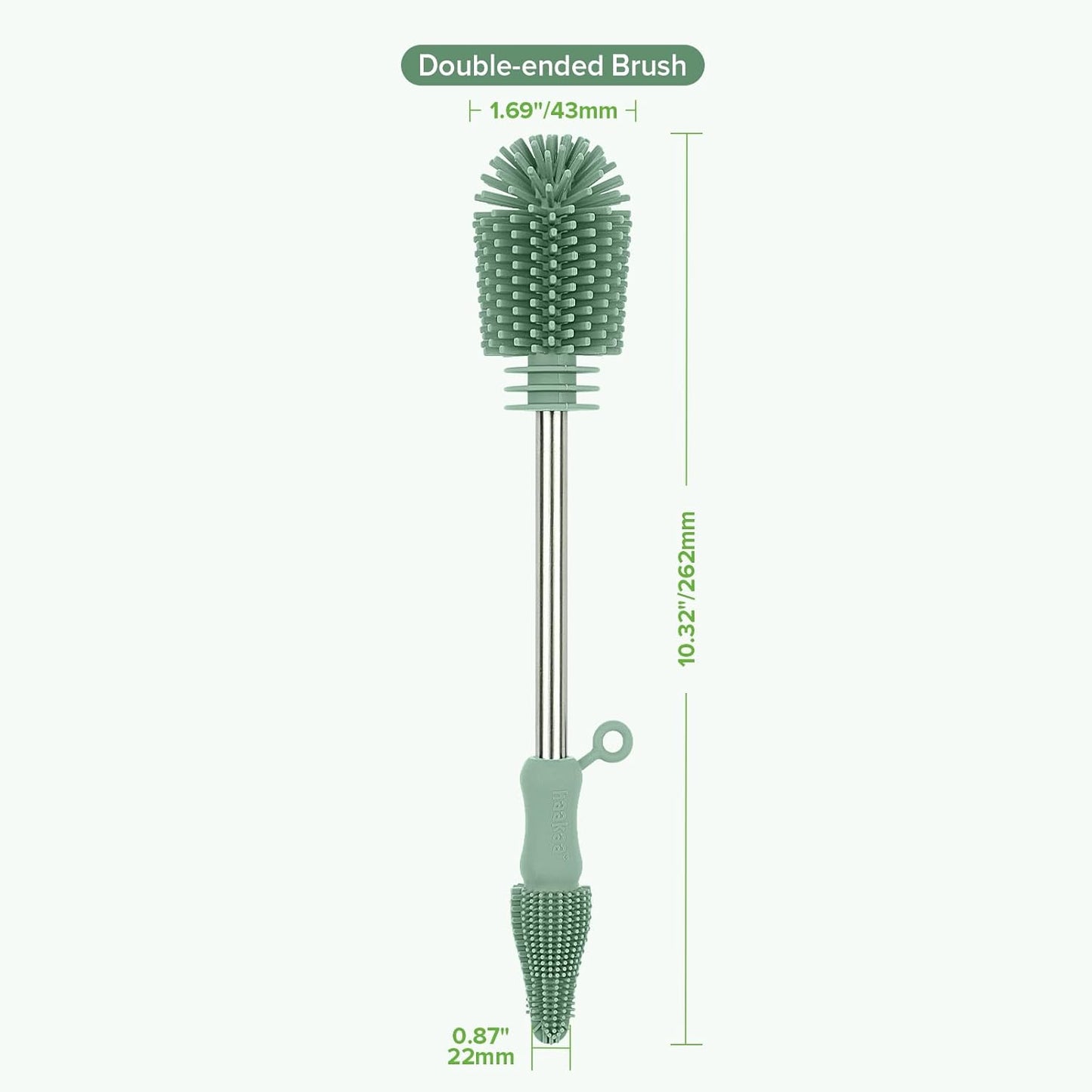 Haakaa Silicone Cleaning Brush for Baby Bottles and Crevices, Double-Ended Bottle Brush for Breast Pumps, Milk Collectors, Nipples and Breastmilk Storage Bags, Food-Grade Silicone, Pea Green, 1 Pack