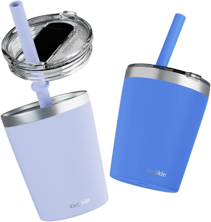 CUPKIN Stainless Steel Insulated Tumbler with Lid and Straw, 20 oz Stainless Steel Cups, Set of 2 Travel Coffee Mug for Adults, Iced Coffee Cup with Lid, Tumbler for Travel (Coral + Yellow)