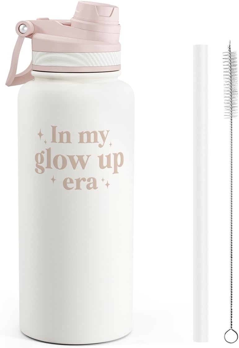 SANDJEST Pickleball Stainless Steel Water Bottle with Strap 32oz, Insulated Bottles with Straw and Spout Lid for Gym Sports Travel Outdoor, Gifts for Women Girls Birthday Christmas