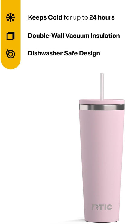 RTIC 20oz Everyday Tumbler Insulated Stainless Steel Portable Travel Coffee Cup with Straw, Ceramic Lining, Spill-Resistant Lid, BPA-Free, Hot and Cold Drink, Beach