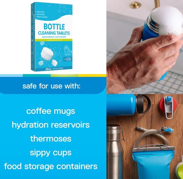 30 Pack Bottle Bright Cleaning Tablets,Water Bottle Cleaner,Removing Limescale and Tea Stains,For Water Bottle,Coffee Pot,Glass,Tumbler,Stainless,Also Can Clean Dentures,It's Multipurpose Cleaner
