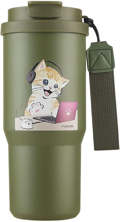 Funkrin Insulated Coffee Mug with Straw & Flip Lid, 24oz Tumbler Cup with Ceramic Coating, Double Wall Vacuum Leak-Proof Travel Mug wiht Tea Infuser for Office School Party Camping