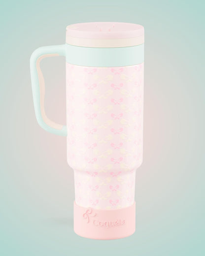 40 oz Insulated Tumbler with Handle and Push-Button Straw Lid, Stainless Steel Travel Cup for Gym Office, Leakproof, BPA-Free, Cup Holder Friendly, Bow Silicone Boot, Purple (Light Lilac)