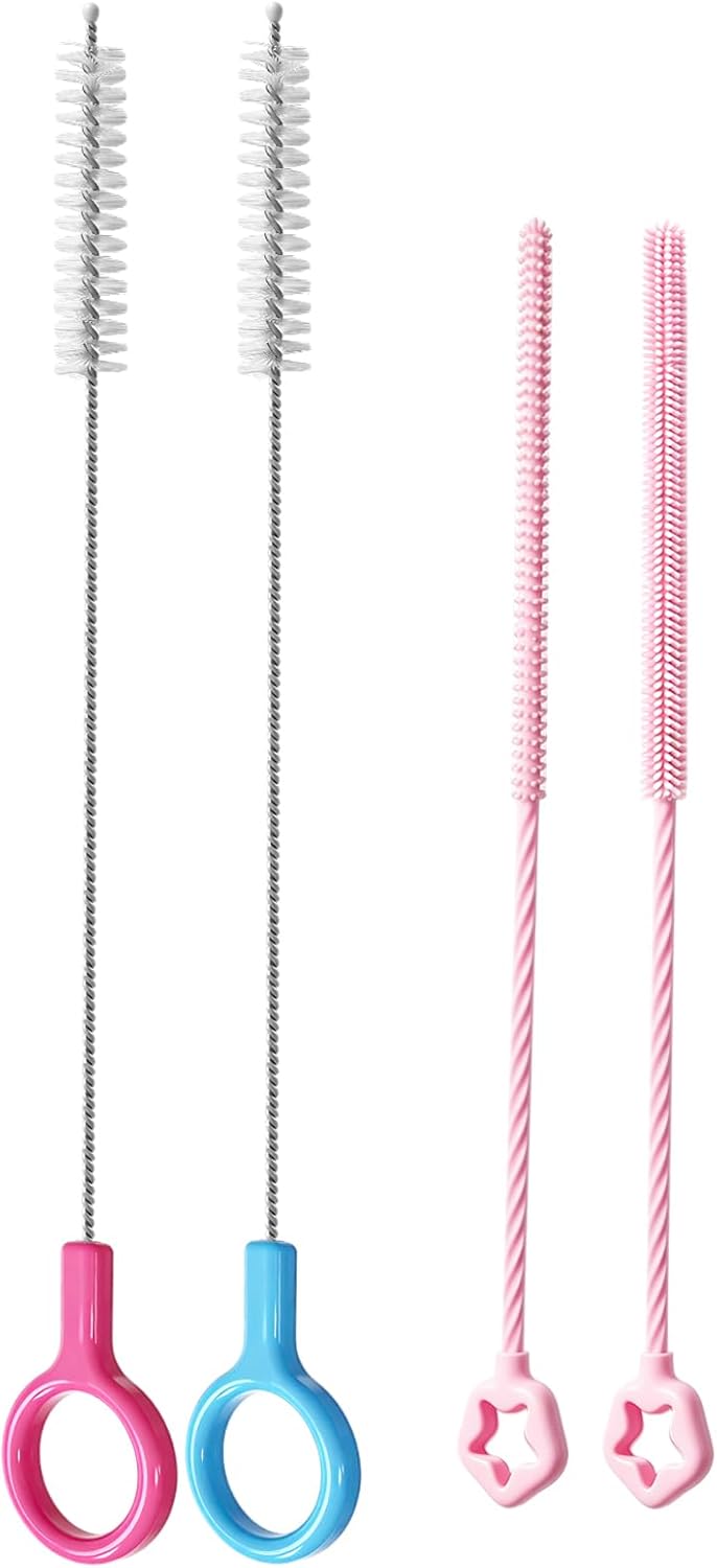 AONEZ Straw Cleaner Brushes Set of 4 - Silicone Straw Cleaner Brush - Straw Brush with Non-Slip Handle in Extra-Long Straw Brush for Metal, Glass, Plastic Reusable Drinking Straws