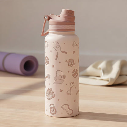 SANDJEST Pickleball Stainless Steel Water Bottle with Strap 32oz, Insulated Bottles with Straw and Spout Lid for Gym Sports Travel Outdoor, Gifts for Women Girls Birthday Christmas