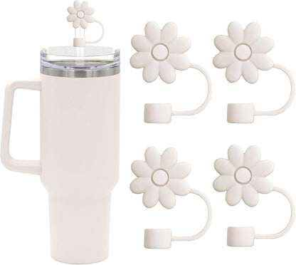 Flower Straw Covers Toppers for Stanley Cups 30&40 Oz Tumbler with Handle Accessories 4PCS Silicone Straw Caps Reusable Straws Tips Protectors for Stanley Cup 10mm 0.4in Straws,Off White