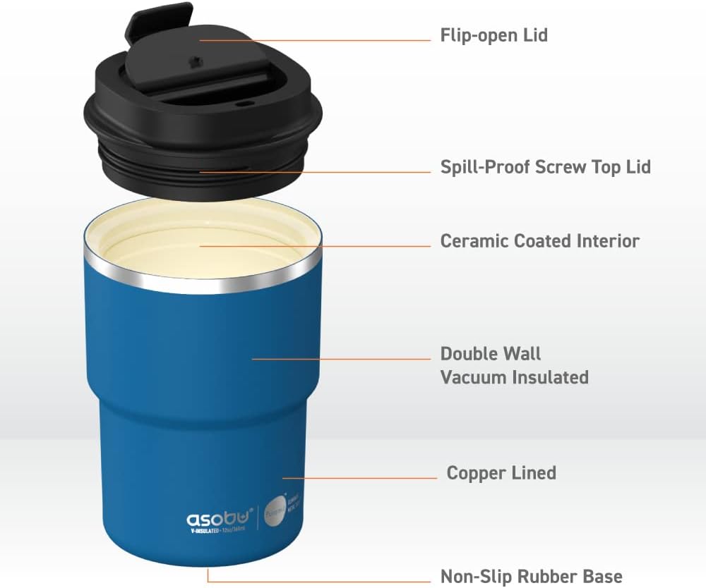 asobu Ultimate Ceramic Travel Mug, 12oz Insulated Stainless Steel Coffee Cup with Handle & Splash-Resistant Lid, Ceramic Lined for Pure Taste, BPA-Free, Double-Wall Vacuum for Hot Drinks
