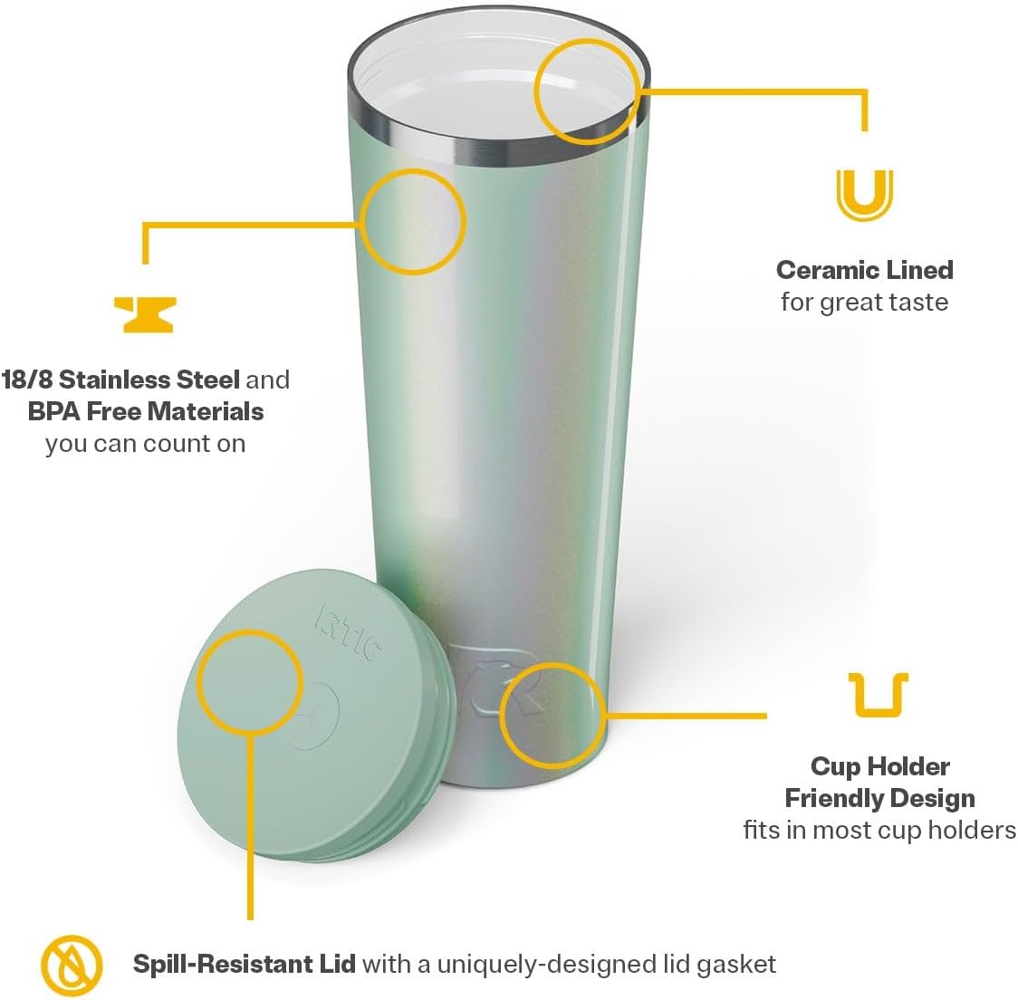 RTIC 20oz Everyday Tumbler Insulated Stainless Steel Portable Travel Coffee Cup with Straw, Ceramic Lining, Spill-Resistant Lid, BPA-Free, Hot and Cold Drink, Beach