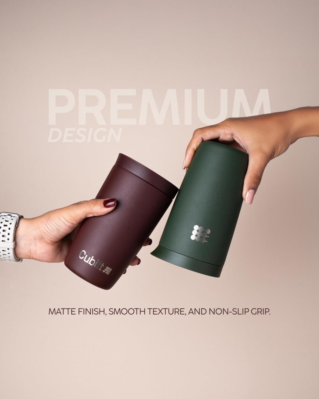 Cubitt Coffee Mug 12oz – Smart Lid, Ceramic Interior, Leak-Proof, Stainless Steel, Sand