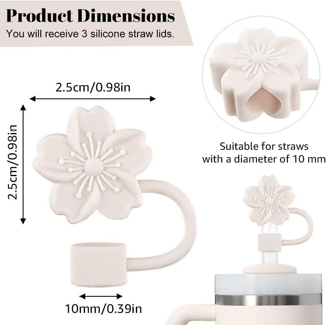 Cherry Blossom Silicone Straw Toppers for Stanley Cup, Beige Floral Tumbler Lid Accessories, 3 Pack Dust Cover Set, 10mm Compatible