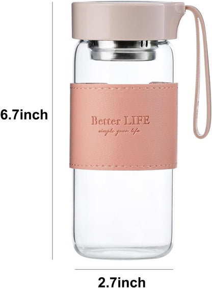 Glass Tea Bottle 16 oz Drinking Bottle with Non-Slip Holster, and Stainless Tea Infuser,Leak Proof Lid,Portable Glass Water Bottle for School, Office, Car & Home,as a gift, etc (Pink)