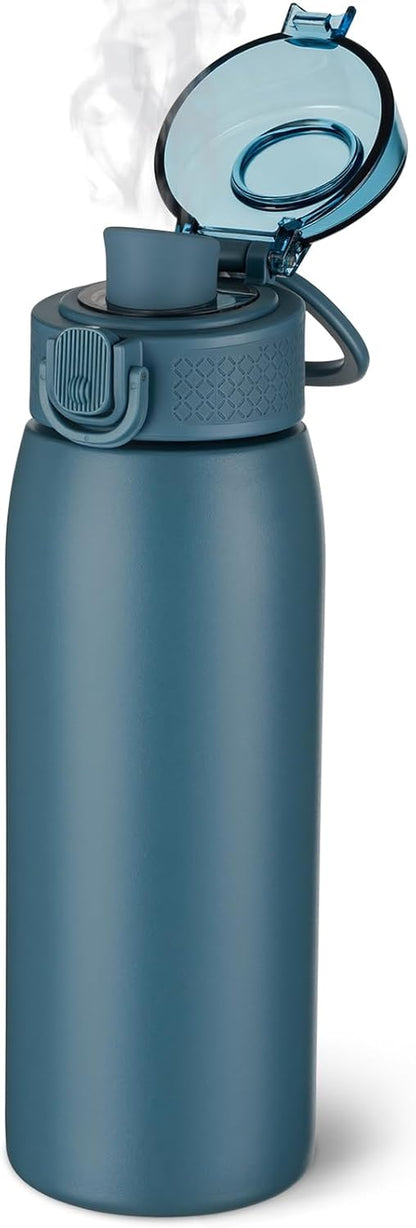Insulated Water Bottle 24 oz with Dustproof Lid, Carry Handle & Tea Infuser, BPA-Free & Leakproof, Stainless Steel Water Bottles Ideal for Fitness, Hiking, Office & Outdoor Use (Black)