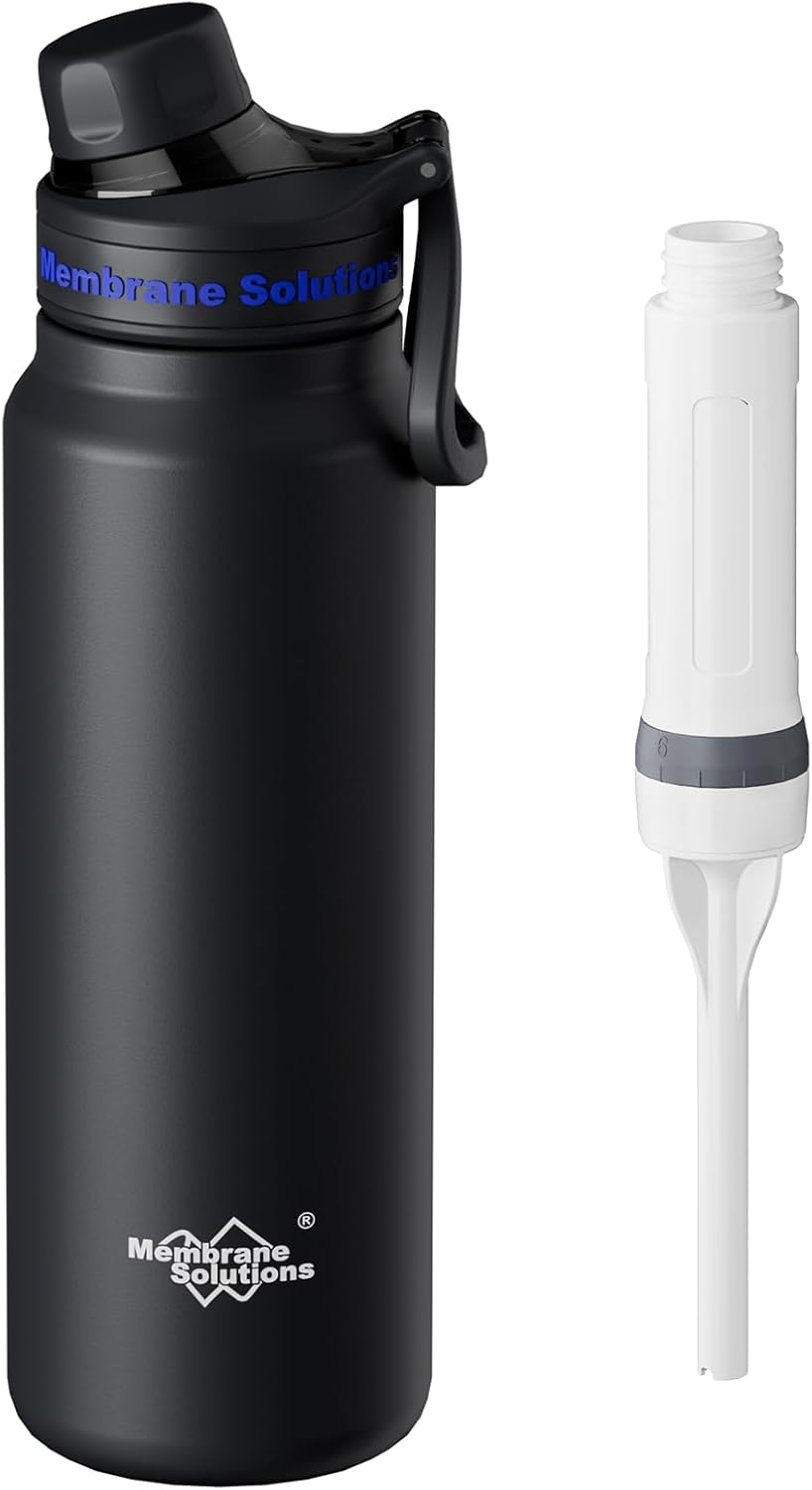 Membrane Solutions C3 Filtered Water Bottle, 32oz Stainless Steel Water Bottle with Replaceable UF+ACF Filter Cartridge, Portable Water Filter, Travel, Hiking & Camping for Drinking Water