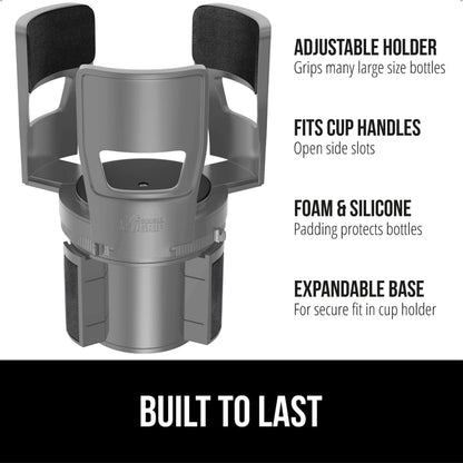 GORILLA GRIP Patent Pending Adjustable Car Cup Holder Expander, Keeps Water Bottle Secure, Expands to Fit 18 to 48 oz Large Bottles, Yeti, Owala, Stanley with Handle, Coffee Mug Insert for Cars, Black