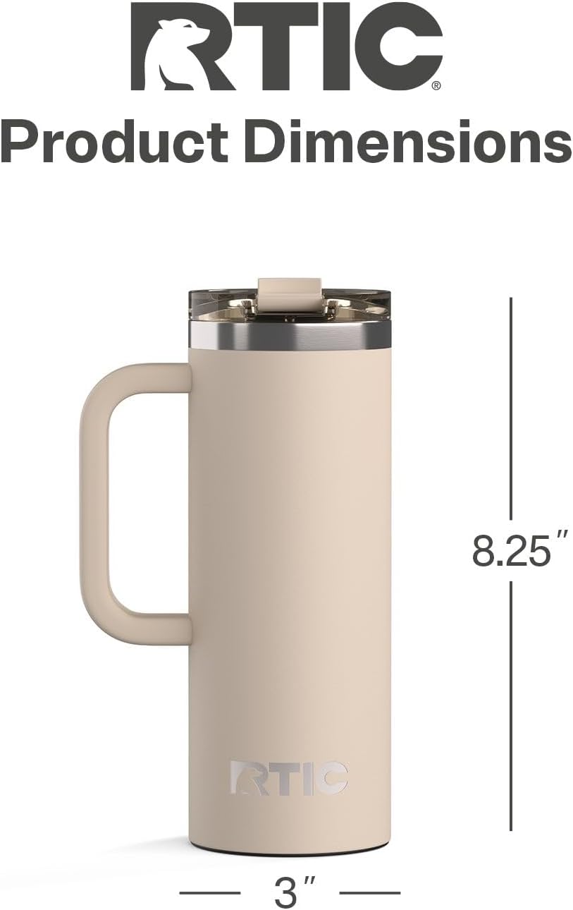 RTIC 20oz Road Trip Travel Mug with Lid and Handle, Ceramic Lined, Insulated, Stainless Steel, Metal, Double Wall Vacuum-Insulation, Portable Coffee, Tea Cup for Hot and Cold Drink, Black