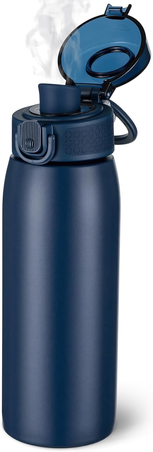 Insulated Water Bottle 24 oz with Dustproof Lid, Carry Handle & Tea Infuser, BPA-Free & Leakproof, Stainless Steel Water Bottles Ideal for Fitness, Hiking, Office & Outdoor Use (Black)