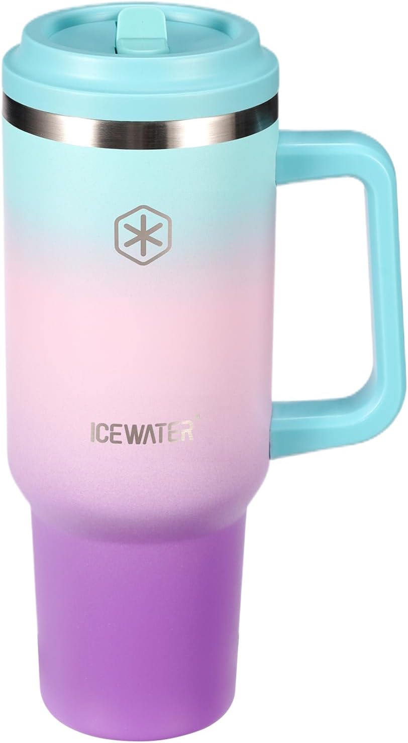 ICEWATER 40 oz Tumbler with 2 Lids (Flip & Standard Straw),100% Leak Proof Insulated Tumbler with Handle, Cup Holder Friendly, Stainless Steel Water Bottle, Gifts for Women & Men (Violet)