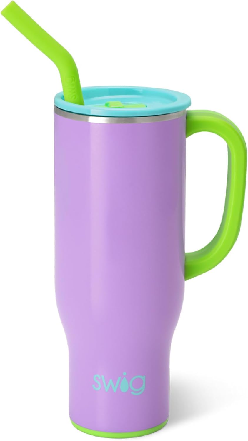 Swig Life 40oz Mega Mug, 40 oz Tumbler with Handle and Straw, Cup Holder Friendly, Dishwasher Safe, Extra Large Insulated Tumbler, Stainless Steel (Pickleball)
