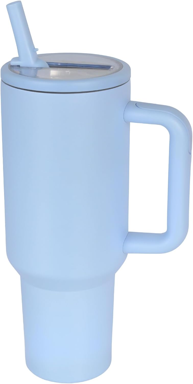 40 oz Insulated Tumbler with Handle,Flip Straw,Lid & Rubber Base Stainless Steel Water Bottle - Leak Proof Vacuum Insulated Mug BPA Free Reusable Travel Cup Gifts for Women/Men (light blue)