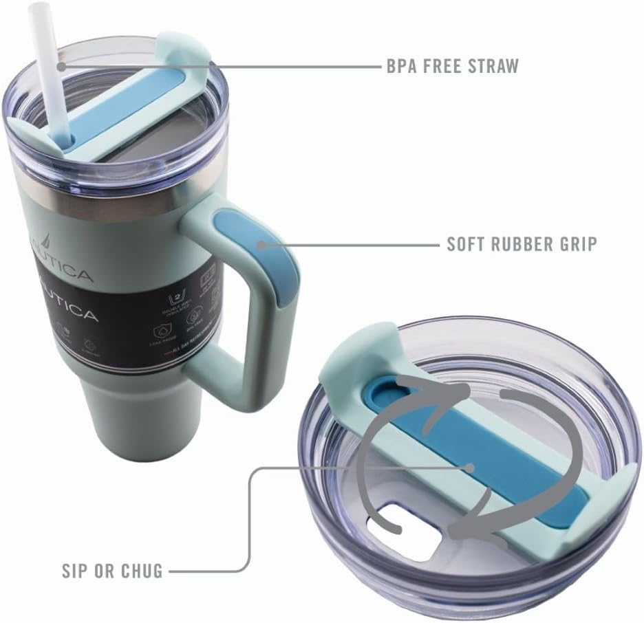 Nautica 40oz Insulated Tumbler with Handle and Straw, Stainless Steel Double Wall Vacuum Travel Mug, Leak-Resistant 3-Way Lid, Keeps Cold for 24 Hours, Fits Car Cup Holders (NAVY)