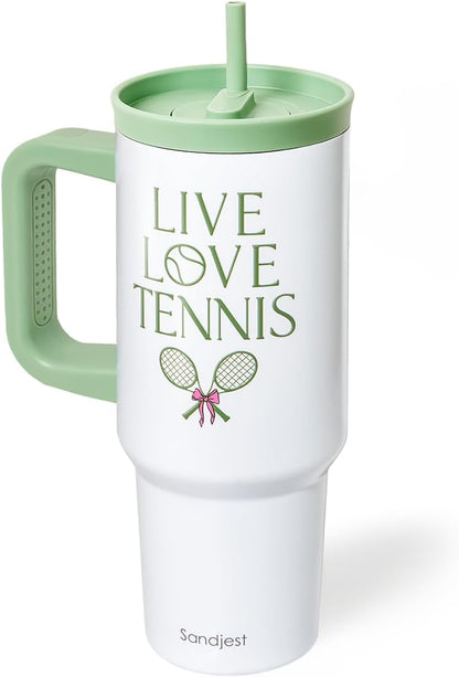 SANDJEST Pickleball Stainless Steel Locking Lid Silicone Straw Tumbler with Handle 40oz, Insulated Stainless Steel Travel Cup for Women Girls Friends Players, Gift Idea for Birthday Christmas