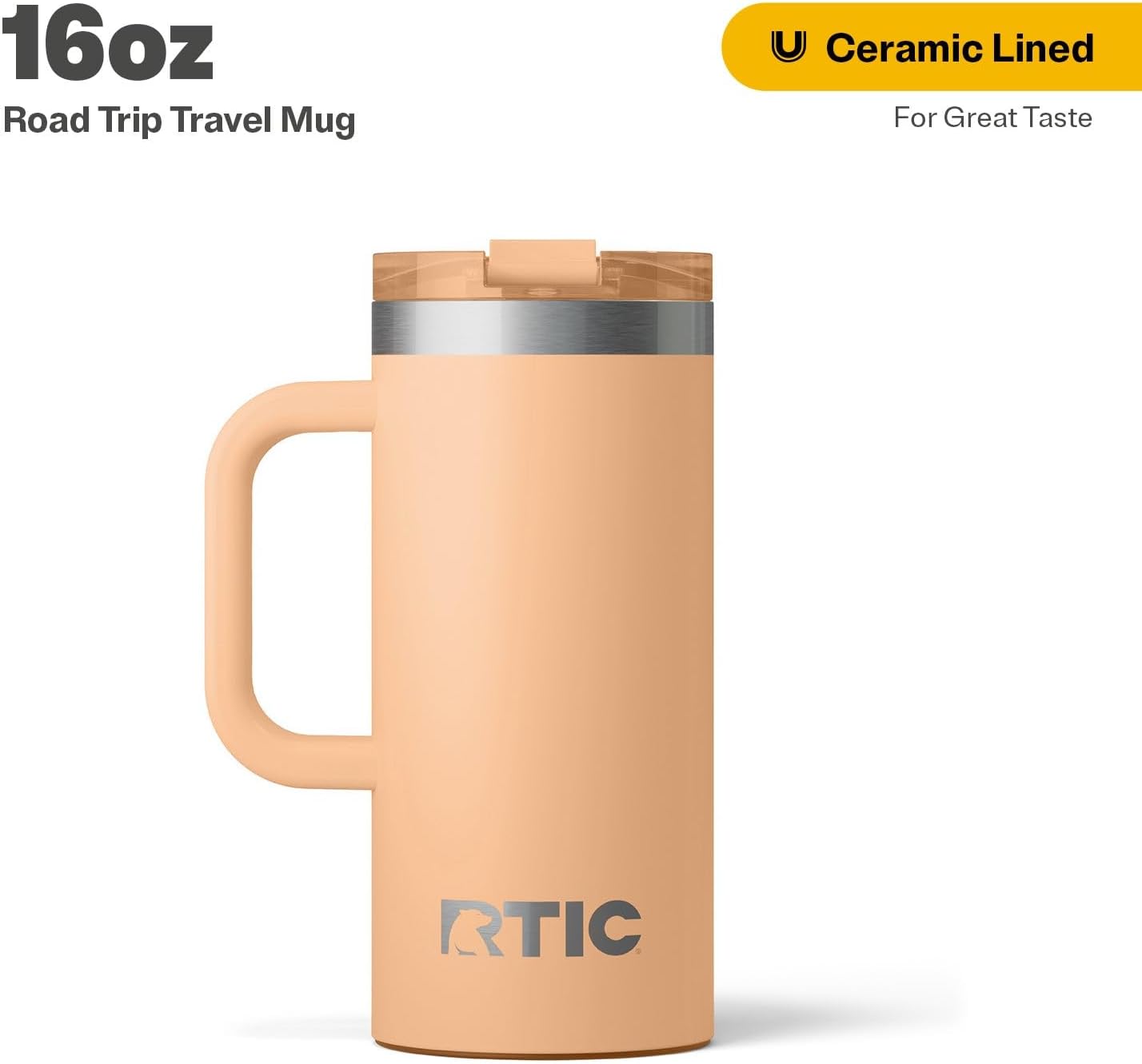 RTIC 20oz Road Trip Travel Mug with Lid and Handle, Ceramic Lined, Insulated, Stainless Steel, Metal, Double Wall Vacuum-Insulation, Portable Coffee, Tea Cup for Hot and Cold Drink, Black