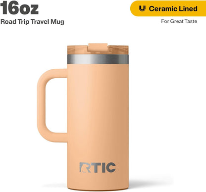 RTIC 20oz Road Trip Travel Mug with Lid and Handle, Ceramic Lined, Insulated, Stainless Steel, Metal, Double Wall Vacuum-Insulation, Portable Coffee, Tea Cup for Hot and Cold Drink, Black