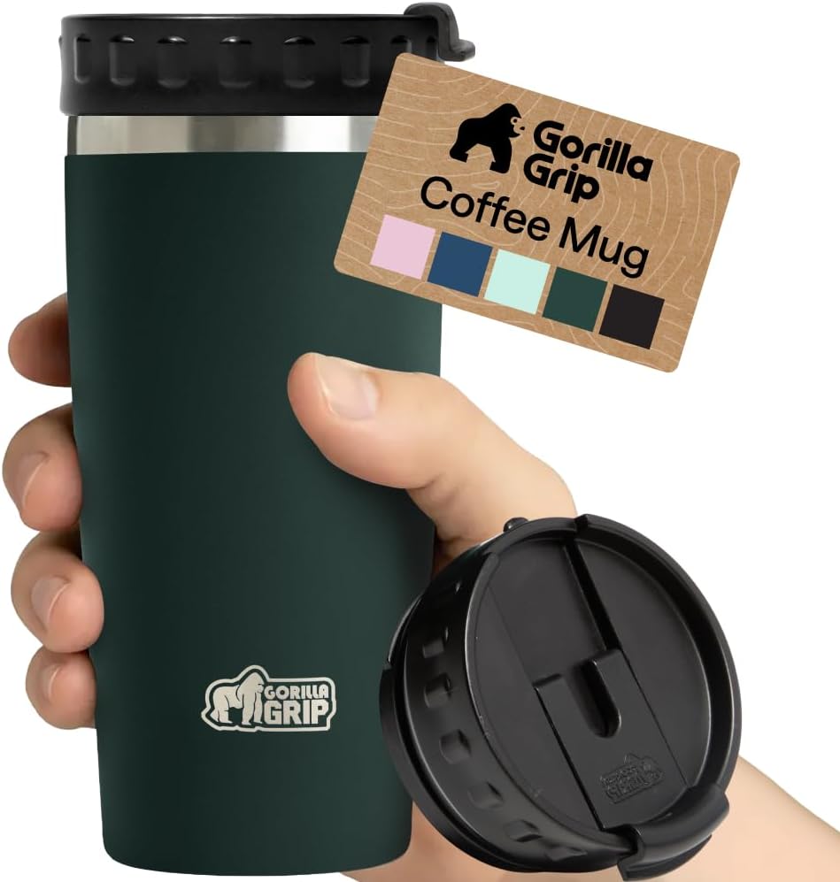 GORILLA GRIP 304 Stainless Steel Double Insulated Travel Coffee Mug, Leakproof Lid with Smooth Sip Top, Prevent Spills, Dent & Rust Resistant Reusable Tumbler Cup, Thermal Mugs for Drinks, 20oz, Black