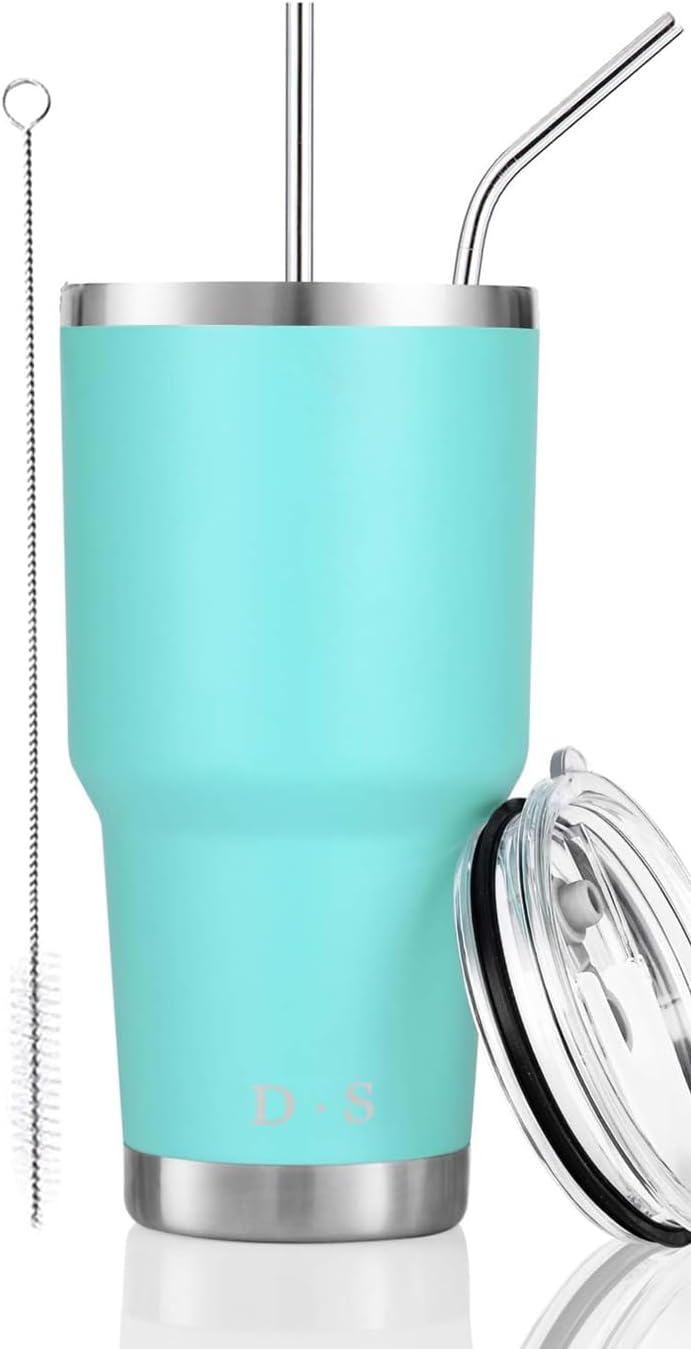 D·S 30oz Blue Tumbler Stainless Steel Double Wall Vacuum Insulated Mug with Straw and Lid, Cleaning Brush for Cold and Hot Beverages