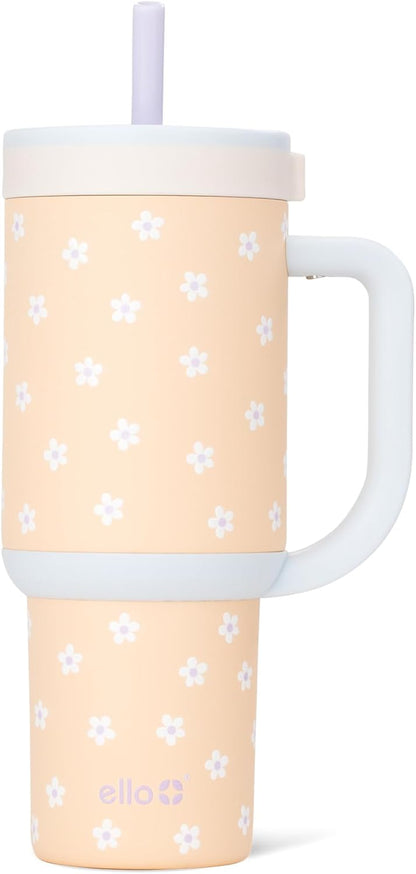 Ello Oasis 40 oz Tumbler with Handle & Retracting Straw | Reusable Insulated Stainless Steel Cup 100% Leakproof, Gifts for Teens Women Men | Keeps cold for 24 Hours, Cup Holder Friendly, Daisies