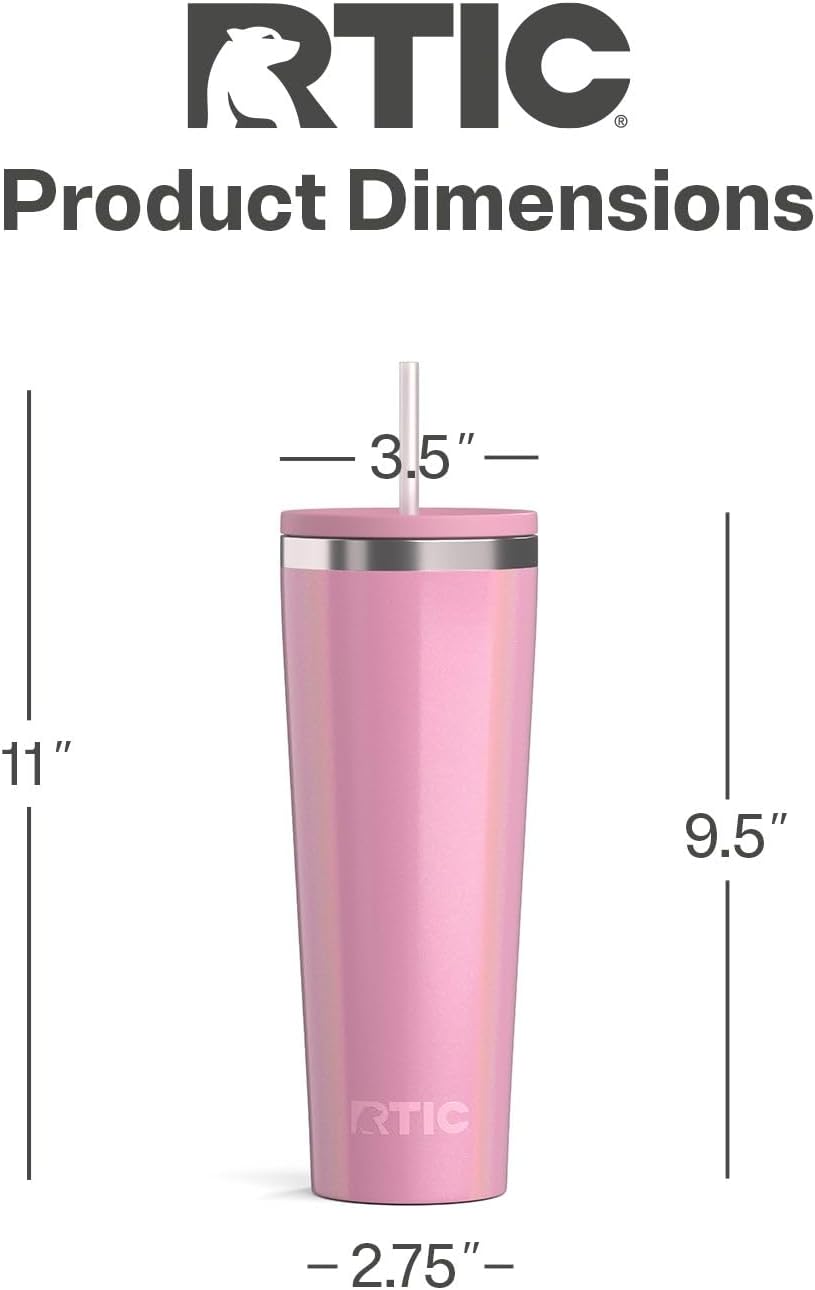 RTIC 20oz Everyday Tumbler Insulated Stainless Steel Portable Travel Coffee Cup with Straw, Ceramic Lining, Spill-Resistant Lid, BPA-Free, Hot and Cold Drink, Beach