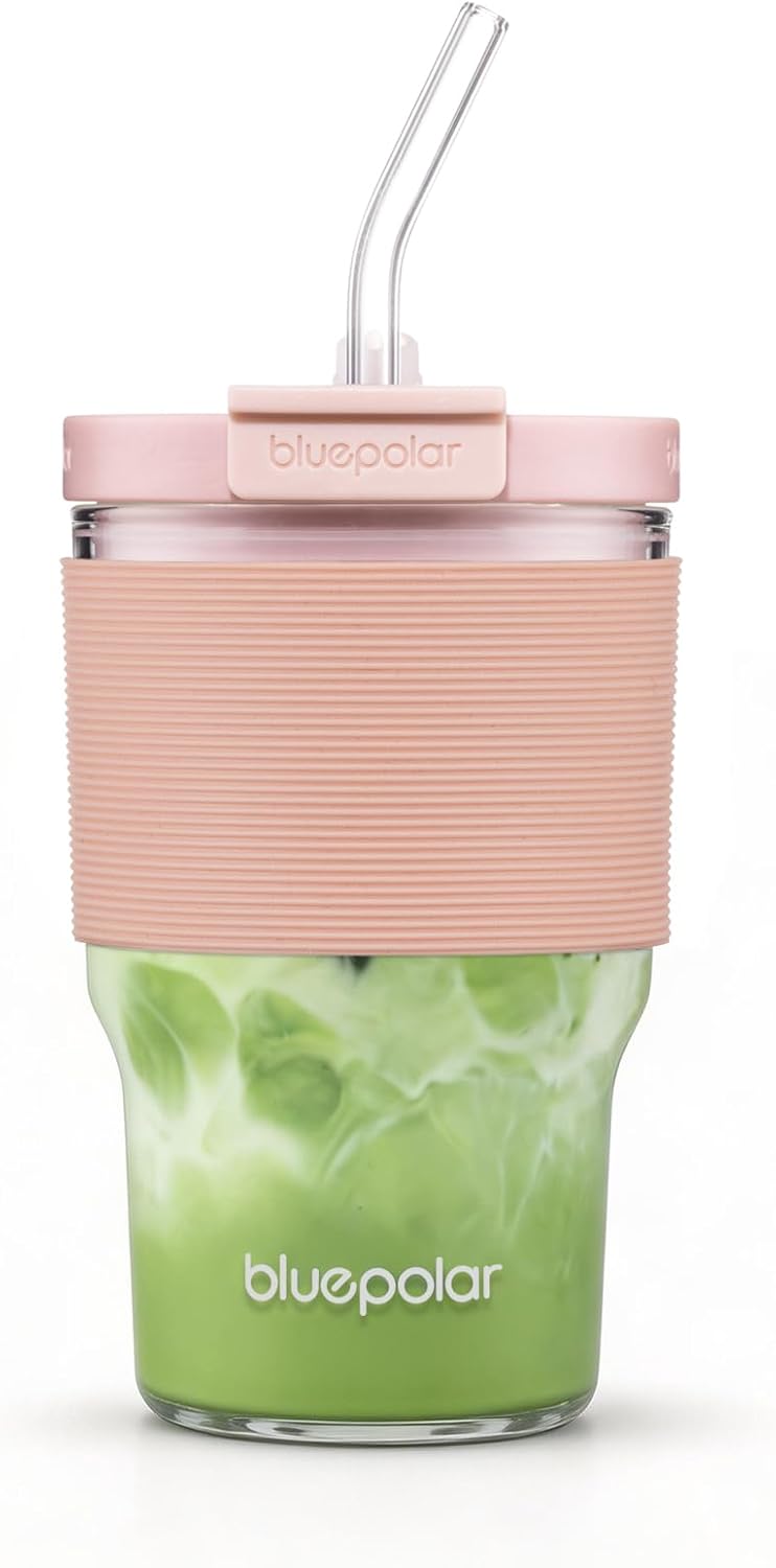 BLUEPOLAR Iced Coffee Glasses with Lids and Straws,Car Cup Holder Friendly, Leakproof Portable Tumblers for Cold Brew, Juice & Smoothie, Ideal for Travel, Office & Gym, BPA-Free (16oz-Pink)