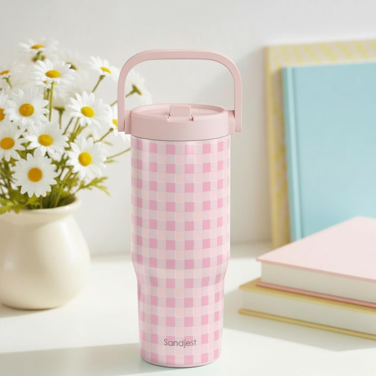 SANDJEST Leopard Skin Stainless Steel Straw Lid Tumbler 30oz with Carry Handle for Women Girls, Insulated Travel Coffee Cup, Gift for Sports Outdoor Workout Christmas Birthday (Beige)