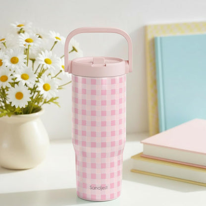 SANDJEST Leopard Skin Stainless Steel Straw Lid Tumbler 30oz with Carry Handle for Women Girls, Insulated Travel Coffee Cup, Gift for Sports Outdoor Workout Christmas Birthday (Beige)