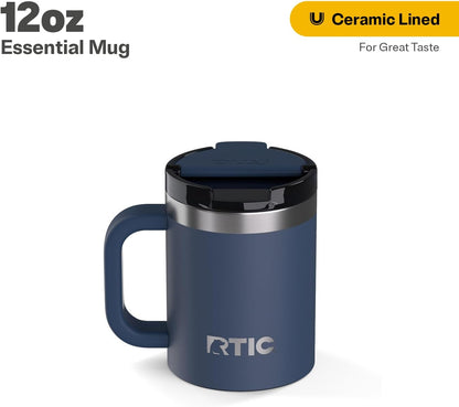 RTIC 12oz Essential Mug with Lid and Handle, Ceramic Lined, Insulated, Stainless Steel, Metal, Double Wall Vacuum-Insulation, Portable, Travel Cup for Hot and Cold Drink, Beach