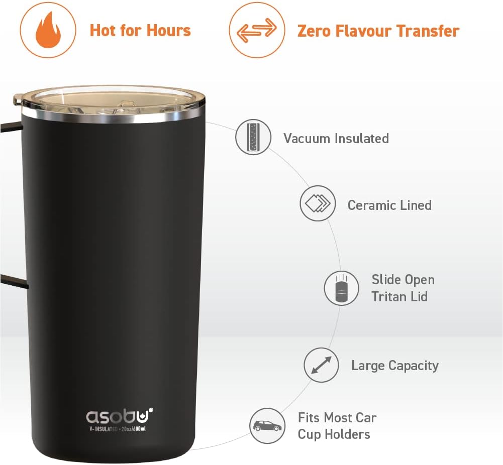 asobu Ultimate Ceramic Travel Mug, 12oz Insulated Stainless Steel Coffee Cup with Handle & Splash-Resistant Lid, Ceramic Lined for Pure Taste, BPA-Free, Double-Wall Vacuum for Hot Drinks