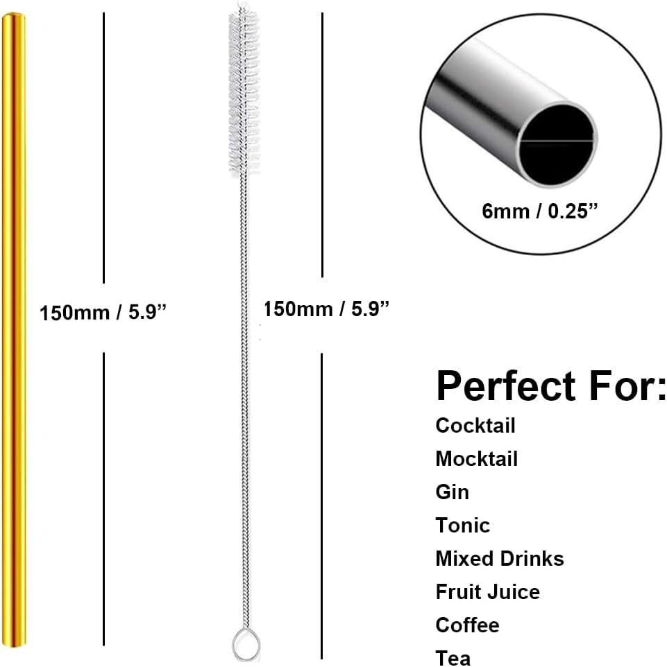Stainless Steel Straws Metal Reusable Drinking Straw for Juice Iced Coffee Cold Beverage Water Highball Glasses 20oz Tumblers Mugs Cups, 0.24" 6mm Wide 215mm Long, Set of 8 with Brush, Silver