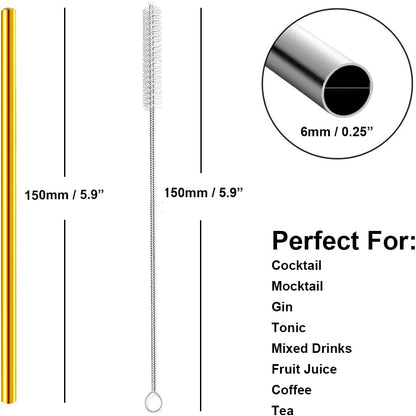 Stainless Steel Straws Metal Reusable Drinking Straw for Juice Iced Coffee Cold Beverage Water Highball Glasses 20oz Tumblers Mugs Cups, 0.24" 6mm Wide 215mm Long, Set of 8 with Brush, Silver