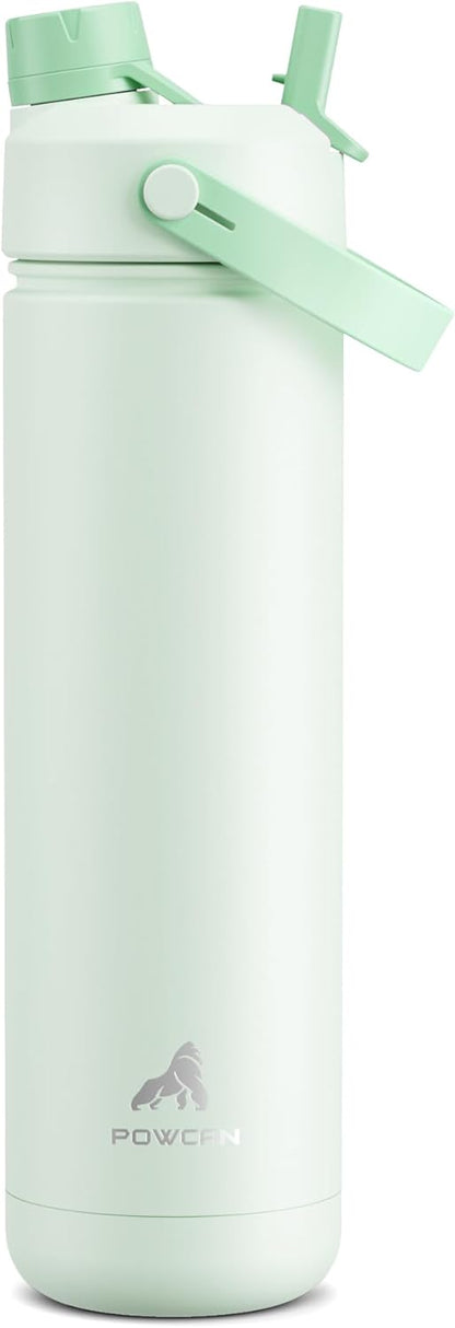 POWCAN 26 oz Insulated Water Bottle with 2-in-1 Straw and Spout Lid, Keep Cold 24H, Leak-Proof, Fits in Car Cup Holder, Stainless Steel Water Bottle for Sports, Travel, and School (Mint)