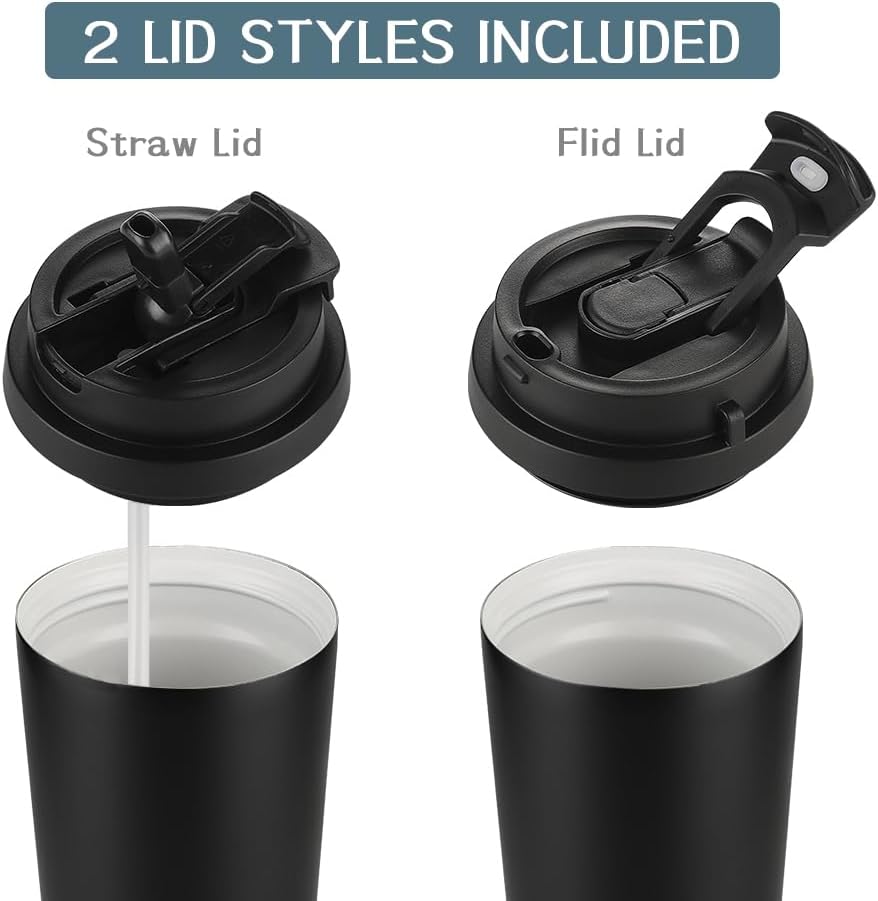 Funkrin Coffee Travel Mug with Straw & Flip Lid, 16oz Insulated Tumbler Cup with Ceramic Coating, Double Wall Vacuum Leak-Proof Mug for Office School Party Camping