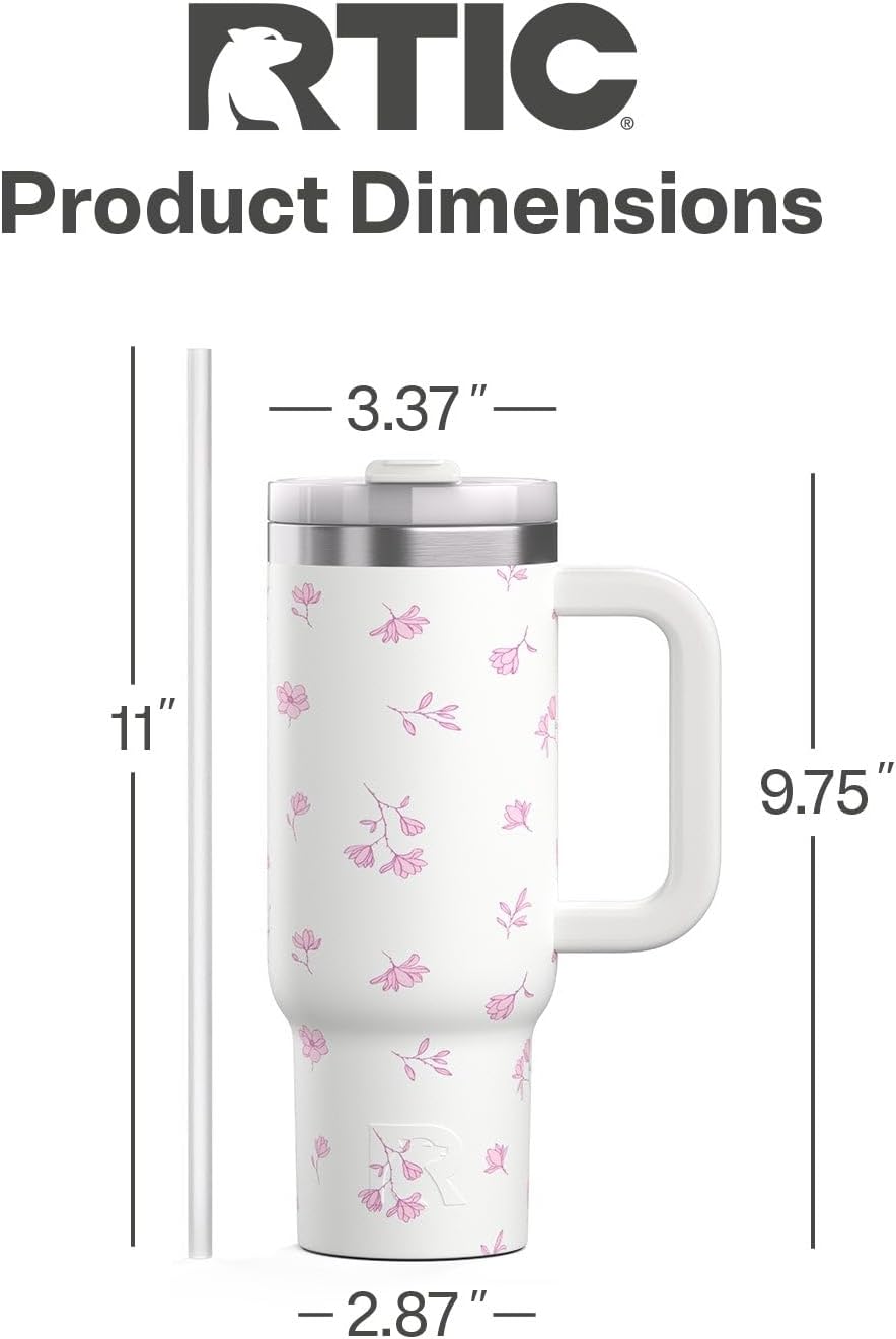 RTIC 30 oz Road Trip Tumbler Double-Walled Ceramic Lined InsulatedStainless Steel Portable Travel Coffee Mug Cup with Lid, Handle and Straw, Periwinkle Bouquet