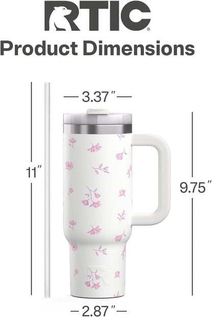 RTIC 30 oz Road Trip Tumbler Double-Walled Ceramic Lined InsulatedStainless Steel Portable Travel Coffee Mug Cup with Lid, Handle and Straw, Periwinkle Bouquet