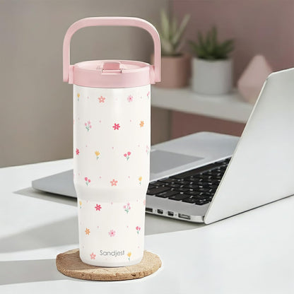 SANDJEST Leopard Skin Stainless Steel Straw Lid Tumbler 30oz with Carry Handle for Women Girls, Insulated Travel Coffee Cup, Gift for Sports Outdoor Workout Christmas Birthday (Beige)