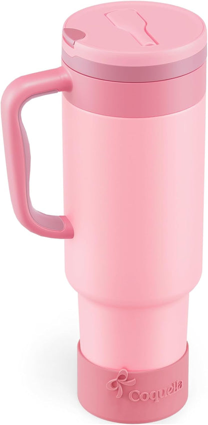 40 oz Insulated Tumbler with Handle and Push-Button Straw Lid, Stainless Steel Travel Cup for Gym Office, Leakproof, BPA-Free, Cup Holder Friendly, Bow Silicone Boot, Purple (Light Lilac)
