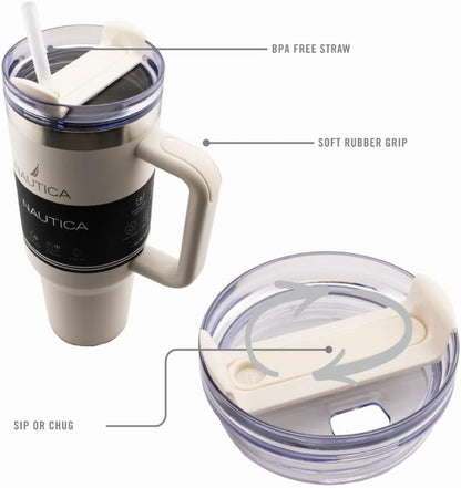 Nautica 40oz Insulated Tumbler with Handle and Straw, Stainless Steel Double Wall Vacuum Travel Mug, Leak-Resistant 3-Way Lid, Keeps Cold for 24 Hours, Fits Car Cup Holders (NAVY)